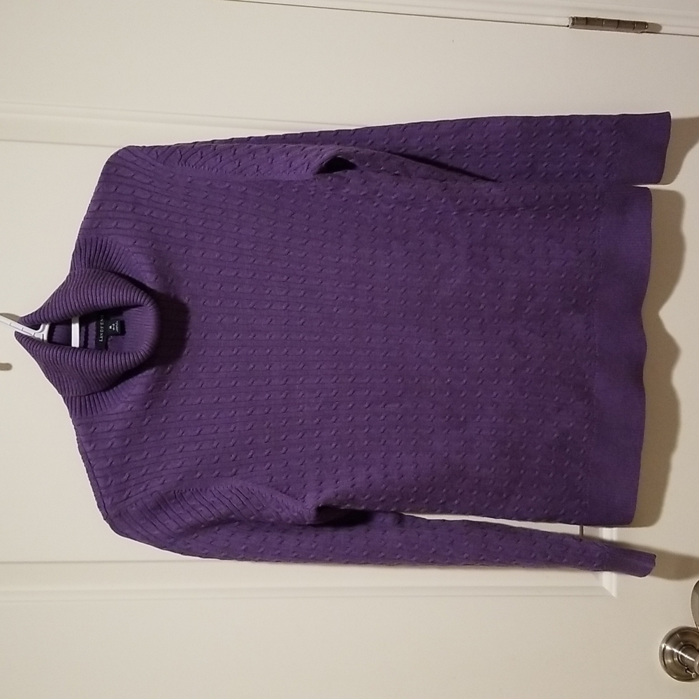 NWOT Lands End size M purple cotton cable knit turtleneck sweater, 17 In Across